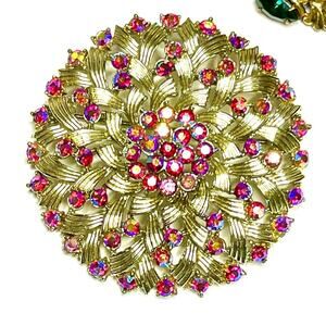 Vintage Brooch AB Red Rhinestone Vtg Estate Costume Jewelry signed Pin AU02